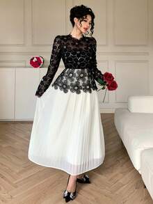 DAZY Đầm organza họa tiết hoa mùa xuân & hè, đính hoa 3D, đá và sequin, thanh lịch cho ngày Valentine, đám cưới, tiệc tùng, dịp trang trọng, dáng ôm, đầm midi xếp ly phối lưới xuyên thấu màu đen trắng, đầm dự tiệc cưới ngày Valentine. - màu đen - Xem 8