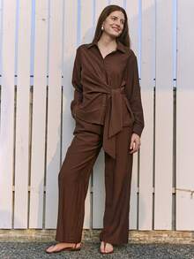 Dazy-Less Coffee Brown Autumn Casual Occasion Women's Elegant Twist Knot Cross Front Blouse & Straight Leg Pants Set,2 Pieces Old Money Luxury Business Outfit - Brown - View 3