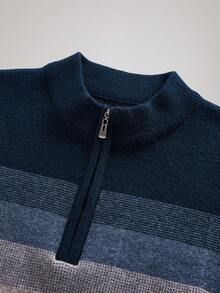 Officeau Men's Autumn/Winter Half-Zip Collar Striped Casual Pullover Sweater, Business Commute Simple Style, Long Sleeve Top