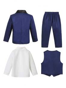 Set da 4 pezzi da gentiluomo per bambini di 4-7 anni: blazer blu navy con texture, camicia bianca tessuta, gilet smanicato e pantaloni casual neri. Stile alla moda, elegante e vintage, adatto per feste di compleanno, matrimoni, battesimi, primo giorno di scuola e altre occasioni.