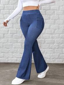 Flexra Women's Casual Washed Slim Fit Flare Cargo Jeans - Blue - View 3