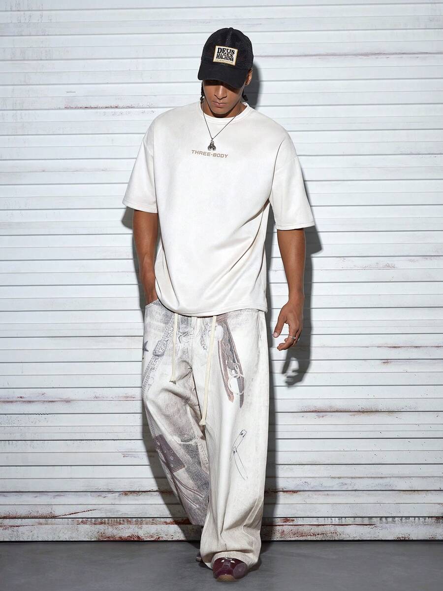 Modcrash 男士夏季字母印花复古短袖T恤，落肩休闲圆领宽松T恤，适合日常通勤、送给男友、外出、春秋夏季复古美式风格，男女皆宜的夏季上衣，适合日常穿着，宽松版型，夏季度假装扮，复古美式风格，男女皆宜，宽松版型夏季套装——适合日常穿着和夏季度假装扮。 - 杏色 - 查看 1