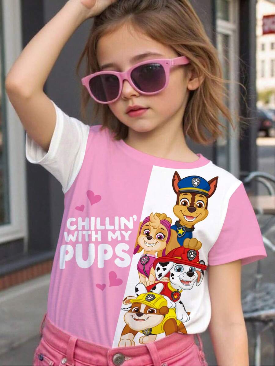 SHEIN | PAW Patrol 女童夏季休闲撞色字母和狗狗印花圆领短袖T恤 - 白色 - 查看 1