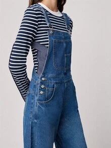Nöista Denim Overall Features Adjustable Shoulder Straps, A Front Chest Pocket, And Side Button Closures. Relaxed Wide-Leg Fit. Casual, Spring Summer, Woman. - Medium Wash - View 3