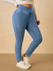 SHEIN Tall CURVE 大码女式休闲日常通勤百搭重叠腰部紧身牛仔裤 - 淺色水洗藍 - 查看 7