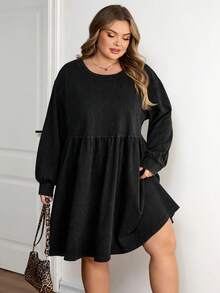 SHEIN CURVE+ Đầm dáng chữ A cổ tròn, chất liệu vải wash, cỡ lớn, kiểu dáng thường ngày, in họa tiết bông tuyết. - màu đen - Xem 7