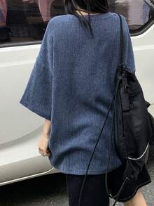 DAZY 女士圆领字母刺绣休闲宽松通勤长袖T恤图案T恤 - 藍色 - 查看 8