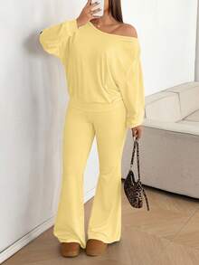 Sunnyshic Bộ đồ nữ cỡ lớn gồm áo lệch vai và quần ống loe (2 món) - Màu vàng - Xem 6