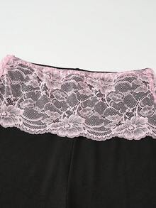 SHEIN PETITE 小码女式粉色宽蕾丝边休闲弹力针织裤 - 黑色 - 查看 6