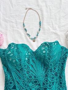 Soleia Áo corset ren hai lớp ôm sát, gợi cảm, kiểu dáng trễ vai, dành cho phụ nữ cỡ lớn theo phong cách châu Âu và Mỹ, thích hợp cho kỳ nghỉ, kết hợp với áo định hình INS màu trắng khoét rỗng thêu họa tiết, và trang phục dự tiệc đêm cho phụ nữ. - màu xanh lá - Xem 5