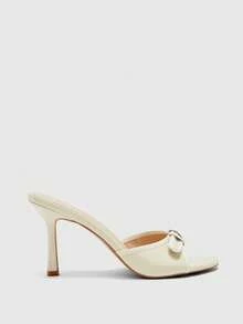 CUCCOO SZL Brown PU Leather Mixed Gold Buckle Decor 3.5" High Heel Round Toe Retro Mule Sandals For Christmas Prom Heels Summer Shoes - Beige PU - View 2