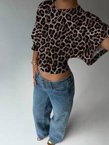 Aloruh Women's Leopard Print Batwing Sleeve Cropped Fashion T-Shirt Spring Leopard Top - Multicolor - View 5