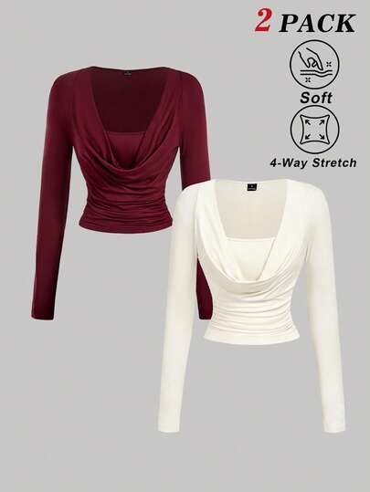 SHEIN MOD Women's Solid Color Scoop Neck Long Sleeve Fashionable Versatile T-Shirt, 2-Piece Set, Red &White Top, Valentine Outfits For Women, Spring Outfit Women, ,Festival, Country, Prom Top, Cute Tops, Casual Outfit For Women, Elegant Women's Blouses, Casual Blouses For Women, Vacation Outfits Women, Going Out Tops, Valentine Outfits For Women Tops For Women Sexy