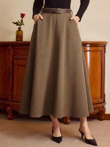 Vintamour 复古优雅女士高腰半身裙，带口袋，休闲百搭，适合返校、外出、圣诞节、秋季等场合穿着，长裙款式多样，适合圣诞节、新年、感恩节等节日。 - 棕色 - 查看 5