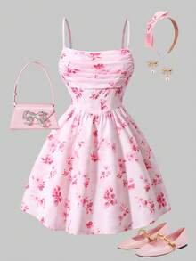 可爱优雅的碎花拉链吊带连衣裙，适合13-16岁少女 - 粉色 - 查看 1