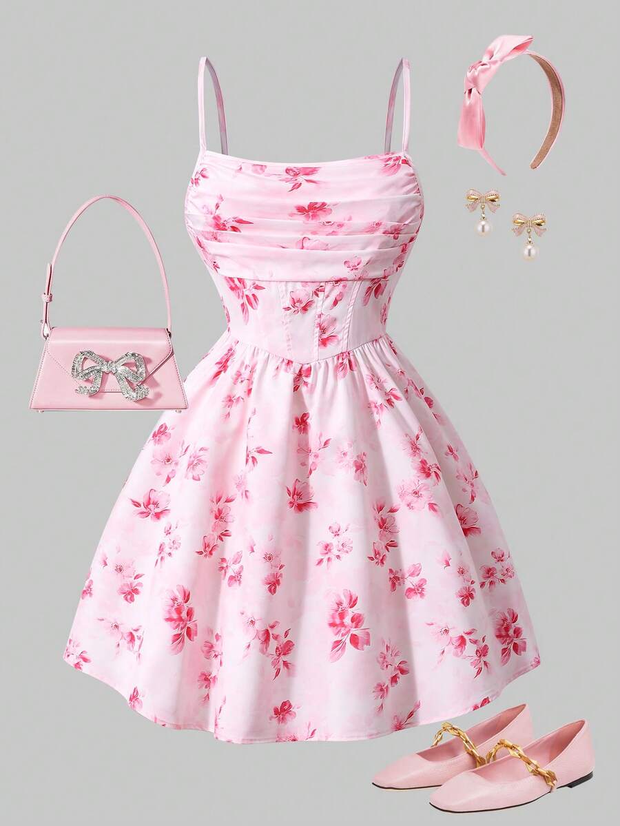 可爱优雅的碎花拉链吊带连衣裙，适合13-16岁少女 - 粉色 - 查看 1