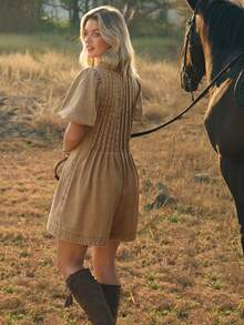 WESTFADE Deep V Neck Tie Front Puff Sleeve Pleated Relaxed Denim Romper - Brown - View 2