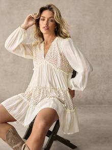 WESTFADE V Neck Long Puff Sleeve Mixed Media Tiered Ruffle Patchwork Babydoll Mini Dress - Multicolor - View 1