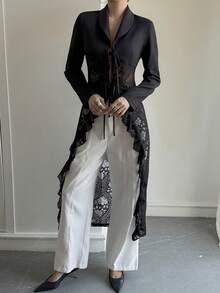 Livesso Black Lace Patchwork Mid-Length Shirt, Hollow Out Blouse, Elegant For Valentine's Day, Wedding, Party, Formal Occasion, Fashion, Commute, Tie-Up Women Blazer Jacket - Black - View 4