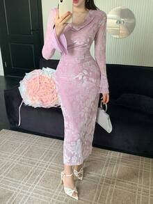 DAZY Đầm maxi dài tay thanh lịch cổ xếp ly in hoa dành cho nữ. - Màu tím - Xem 4