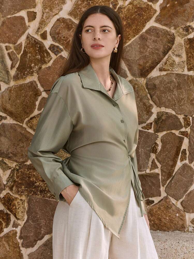 Women's Solid Color Drop Shoulder Long Sleeve Tie Waist Casual Shirt Business Casual Woman