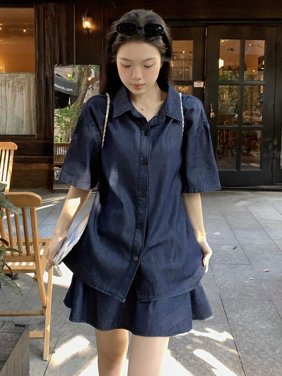 DAZY 女士复古水洗翻领休闲衬衫和牛仔裙两件套 - 藍色 - 查看 1
