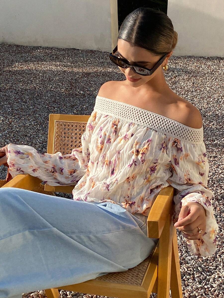 Livesso Spring & Summer Ditsy Floral Chiffon Off-Shoulder Blouse, Lace Patchwork Long Sleeve Casual Beach Vacation Shirt For Women - Beige - View 1