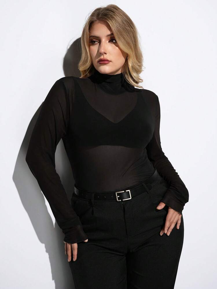SHEIN Maija Plus Size Women High Neck Long Sleeve Fitted Sheer Top, Urban Commute Business Casual Basic Top, Black See Through Top