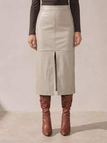 BizChic 女士高开衩PU半身裙，百搭实用，适合工作、休闲、派对、婚礼宾客、夏季、情人节、新年等场合，优雅时尚的女士下装