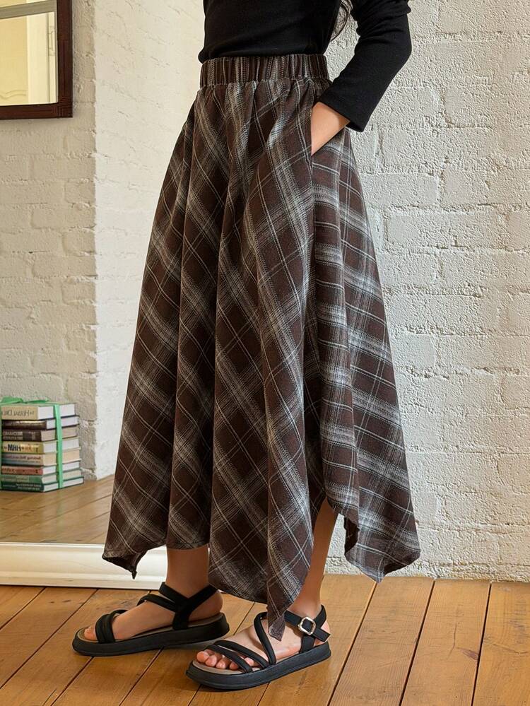 Tween Girl Plaid Print Casual Skirt With Slant Pockets