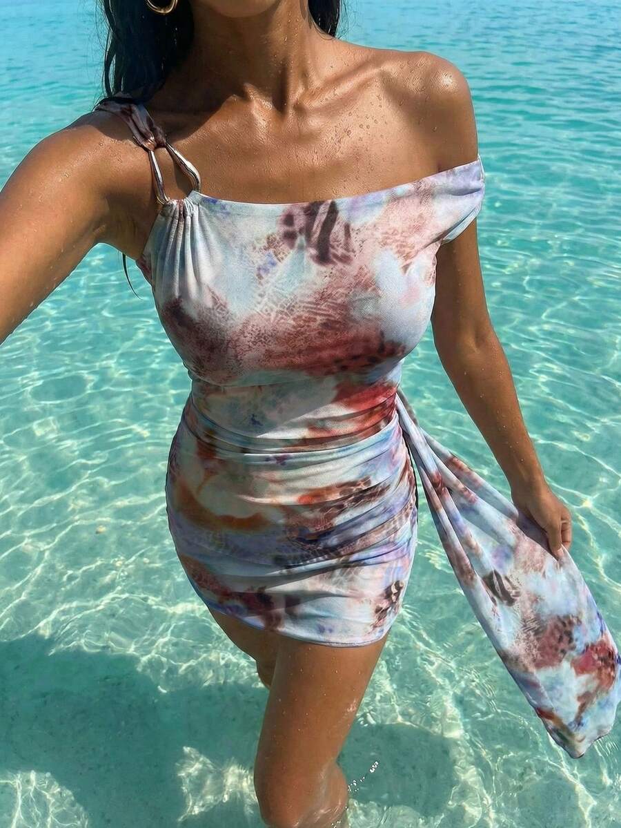 Opulessa Light Blue,Summer,Casual,Vacation,Holiday Women Knit Mesh Print Asymmetric Shoulder Fitted Mini Dress,Elegant Party Wedding Guest Dress,Beach Outfit - Multicolor - View 1