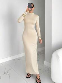 Siren Gaze Women's Solid Color Hollow Back Design Stand Collar Long Sleeve Fitted Dress Spring Party - Apricot - View 5