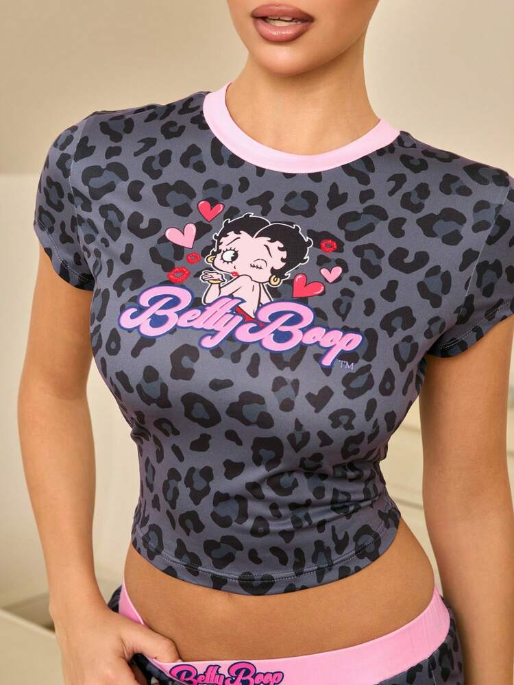 Betty Boop x SHEIN Dampyjamas med leopardmönster och tecknad figur, rund halsringning, kortärmad topp och shorts - Grå - Visa 4