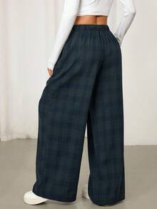 SHEIN PETITE Quần ống rộng phối màu kẻ caro xanh lá cây dành cho nữ thích hợp cho mùa thu đông, cũng như mùa xuân hè. - Nhiều màu - Xem 2