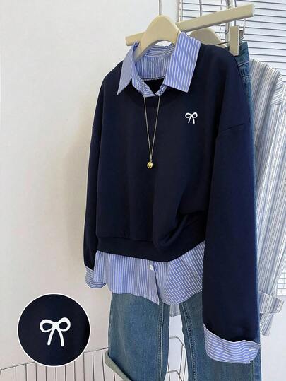 INAWLY Plus Size Casual Loose Striped 2 In 1 Shirt Collar Graphic Print Sweatshirt