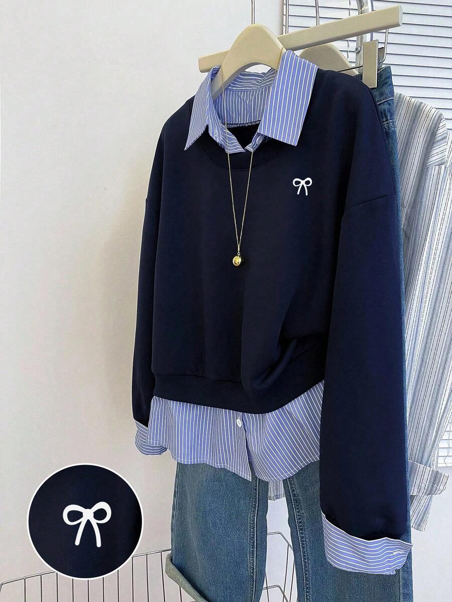 INAWLY Plus Size Casual Loose Striped 2 In 1 Shirt Collar Graphic Print Sweatshirt - Royal Blue - View 1
