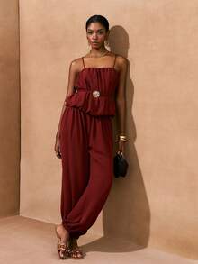 Zivah 2026 Spring/Summer New Music Festival, Easter, St. Patrick's Day, Valentine's Day, Date, Western, Nomadic, Birthday Party, Casual, Vacation, Cruise, Beach, Sunbathing, Wedding Guest Bohemian, Commute 2pcs Set: Spaghetti Strap Ruched Crop Top With Waist Tie And Drawstring Pleated Pocket Pants In Brown - Brown - View 5