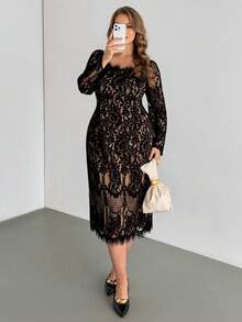 Auralis Plus Size Women's Lace Contrast Square Neck Long Sleeve Floral Dress,Elegant,Formal,Wedding Guest,Beige,Autumn,Eyelash Trim Fitted Waist Midi Dress - Multicolor - View 5