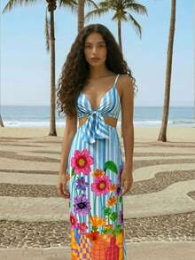 CAJUNI 条纹花卉印花打结休闲度假吊带裙 - 彩色 - 查看 5