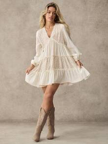 WESTFADE V Neck Long Puff Sleeve Mixed Media Tiered Ruffle Patchwork Babydoll Mini Dress - Multicolor - View 5