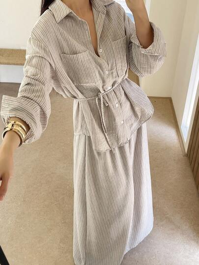 DAZY Women's Casual Vacation Tie-Waist Striped Shirt Top And Skirt 2-Piece Set, Spring/Summer