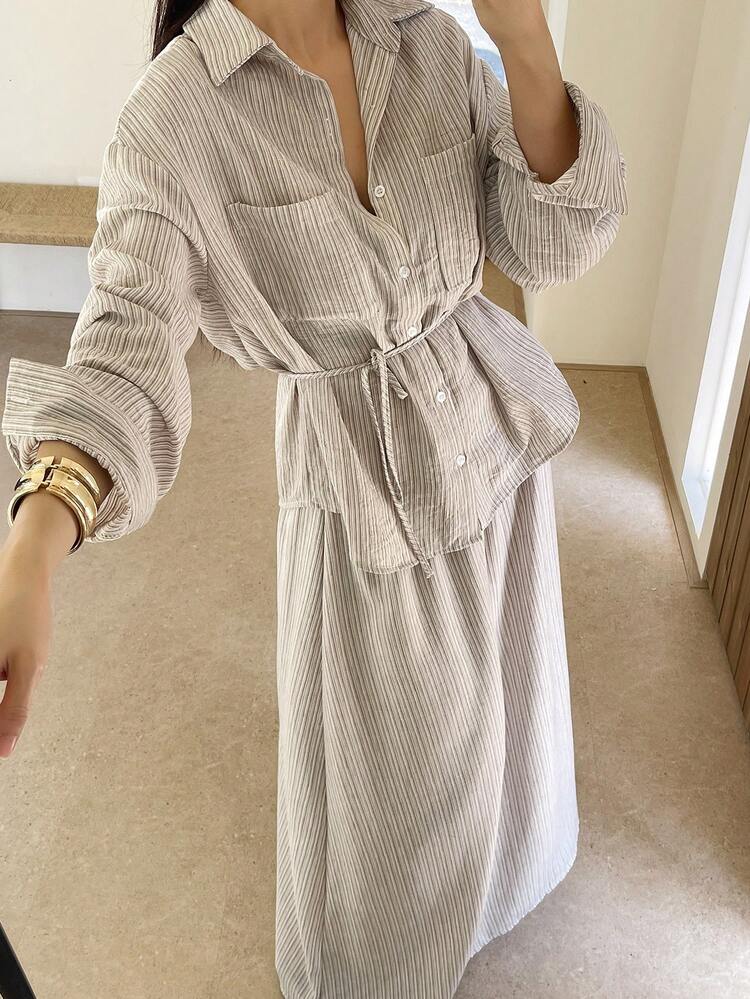 Women's Casual Vacation Tie-Waist Striped Shirt Top And Skirt 2-Piece Set, Spring/Summer