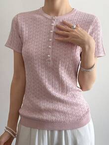 Livesso Spring/Summer Pink Textured Hollow-Out Casual/Office Commute Elegant Short Sleeve Women Knit Top - Pink - View 4