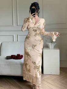 DAZY Women's Elegant Floral Sequin V-Neck Flare Sleeve Dress, Spring/Summer Wedding Guest Dress Sundress - Apricot - View 9