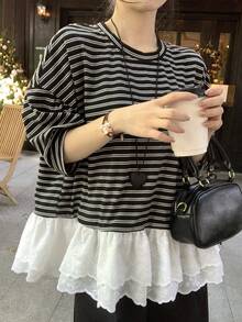 DAZY Women's Round Neck Striped Casual Summer Korean Style Contrast Color Ruffle Trim T-Shirt - Black - View 1