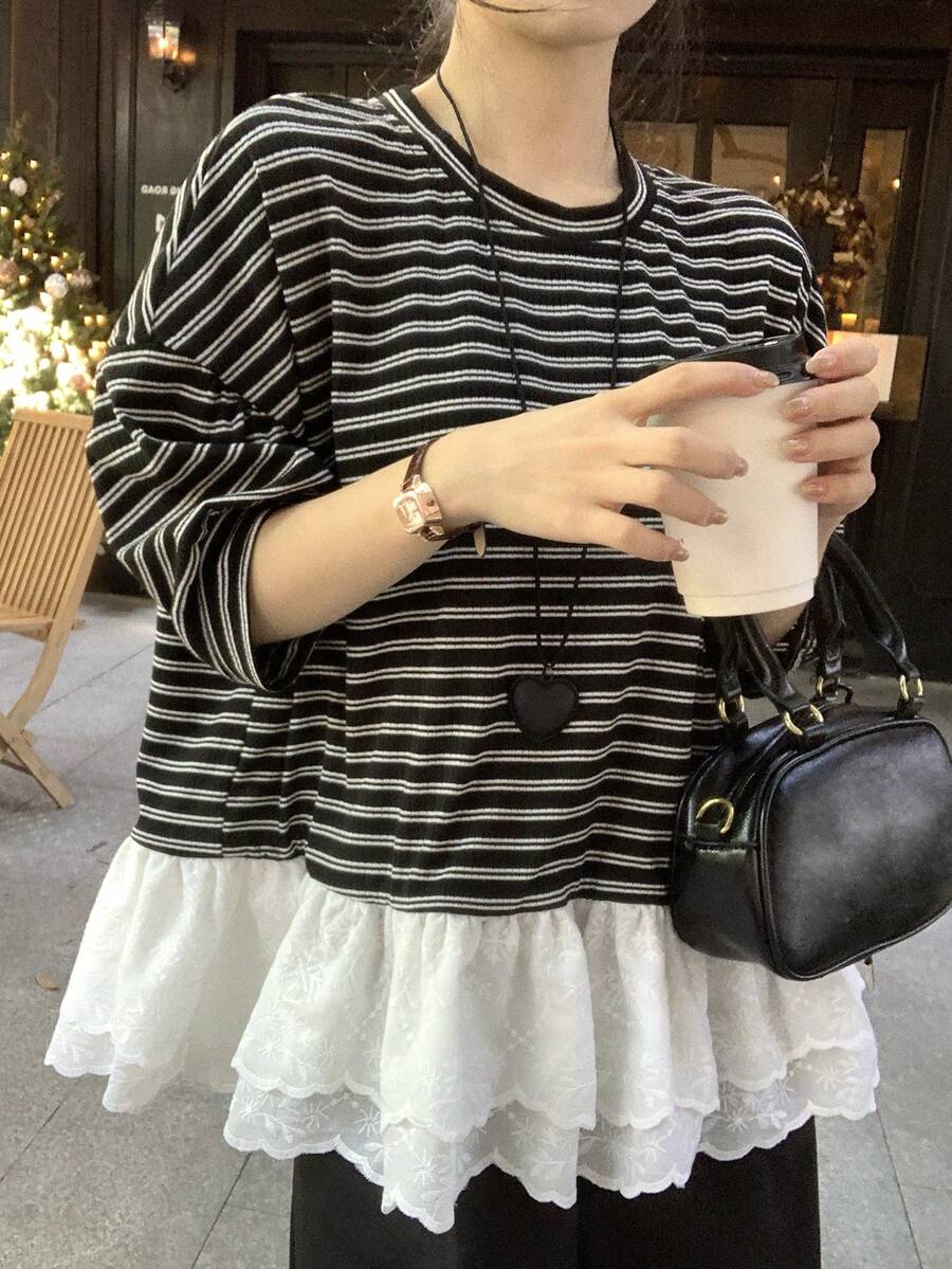 DAZY Women's Round Neck Striped Casual Summer Korean Style Contrast Color Ruffle Trim T-Shirt - Black - View 1