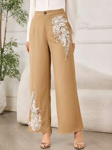 Modelyn 时尚新款串珠水钻装饰女士休闲裤 - 卡其色 - 查看 4