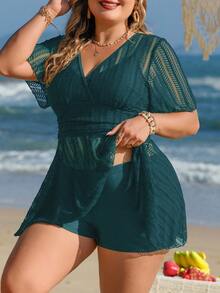 Swim Lushoire 大码女式两件套纯色网纱半身裙休闲沙滩度假比基尼泳衣套装 - 墨綠色 - 查看 4