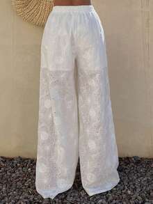 Livesso Pantalones casuales de mujer con cordón en la cintura, unicolor, bordados, estilo boho para vacaciones - Blanco - Ver 2
