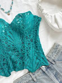 Soleia Áo corset ren hai lớp ôm sát, gợi cảm, kiểu dáng trễ vai, dành cho phụ nữ cỡ lớn theo phong cách châu Âu và Mỹ, thích hợp cho kỳ nghỉ, kết hợp với áo định hình INS màu trắng khoét rỗng thêu họa tiết, và trang phục dự tiệc đêm cho phụ nữ. - màu xanh lá - Xem 6